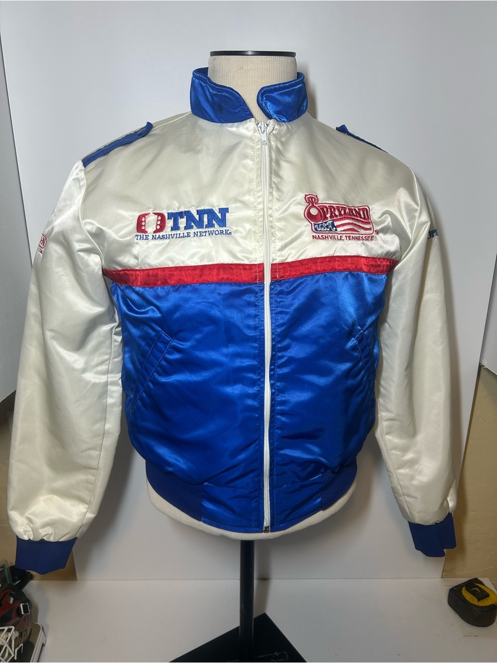 Opryland/Nashville Network Blue and Ivory Satin Racing Jacket 1980